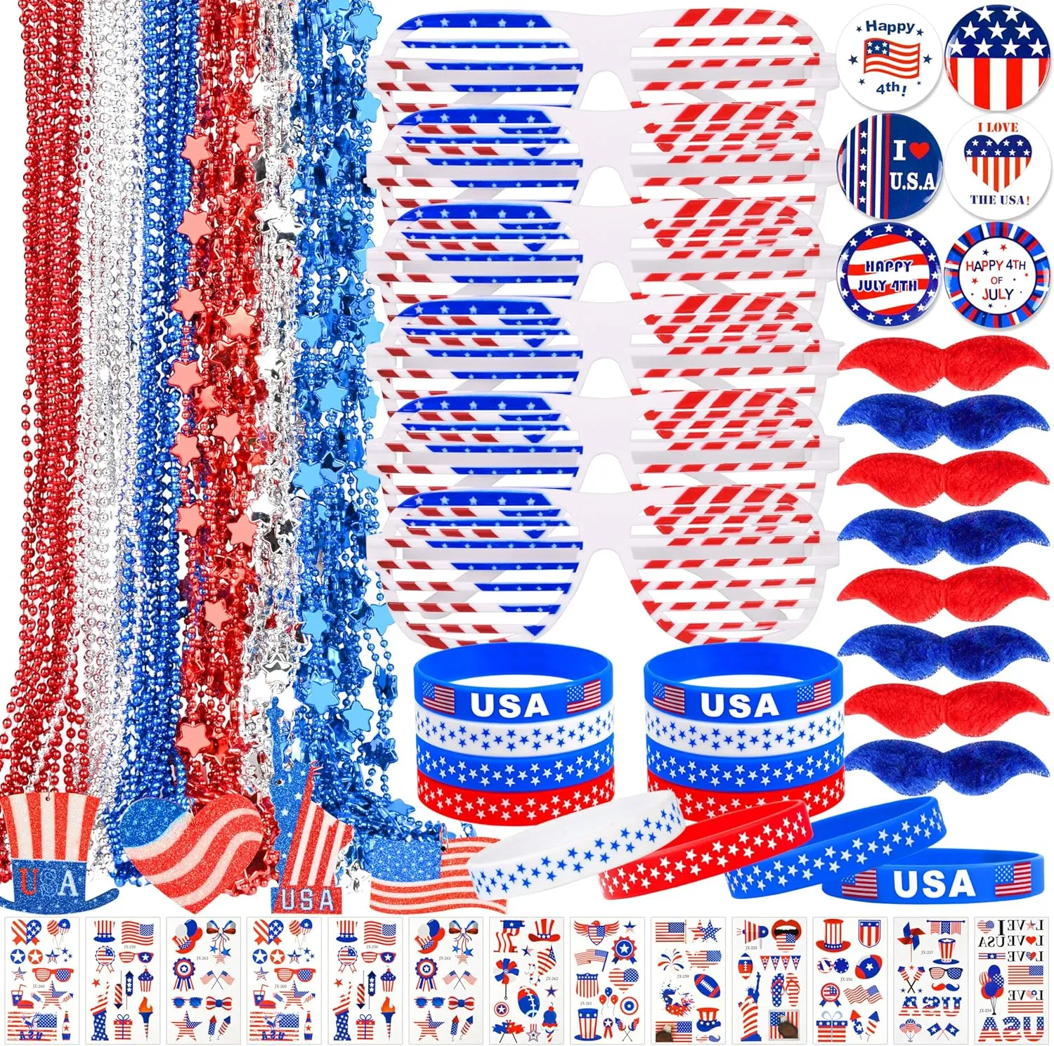 148Pcs Patriotic Accessories for kids Including Glasses Necklaces Silicone Bracelets Tattoos Self-adhesive Mustache Handheld US Flags for 4th of July Memorial Day Independence Day Party Decorations