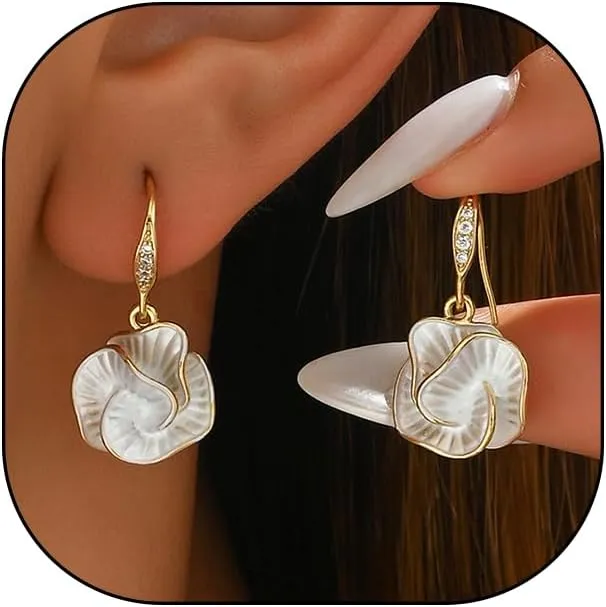 14K Gold Enamel Camellia Zircon Dangle Drop Earrings, Tiny Dainty Pearl White Drip Oil Sparkly Hook Dangling Earrings, Trendy Floral Jewelry Gift
