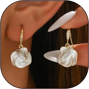 14K Gold Enamel Camellia Zircon Dangle Drop Earrings, Tiny Dainty Pearl White Drip Oil Sparkly Hook Dangling Earrings, Trendy Floral Jewelry Gift
