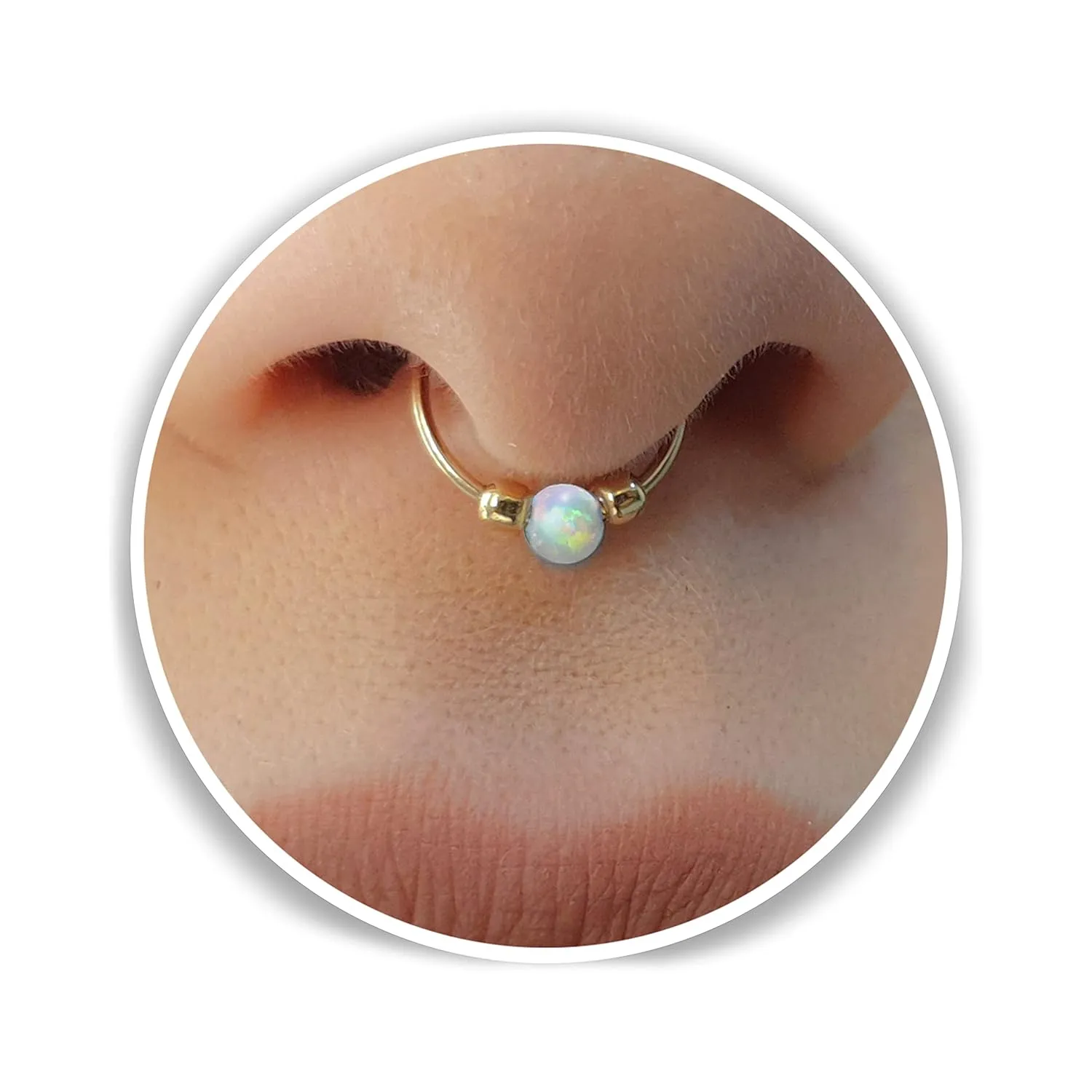 14k Gold Filled Septum Nose Ring For Woman - 20 Gauge White Opal Septum Piercing Hoop - Hypoallergenic Septum Hoop Ring Handmade