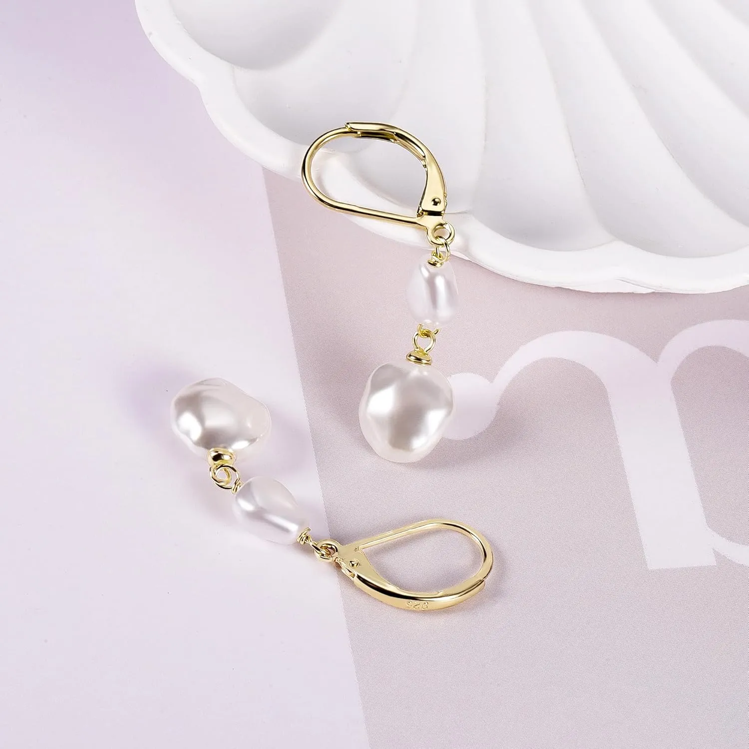 14K Gold Pearl Dangle Earrings for Women925 Sterling Silver Double Pearl Drop EarringsLeverback Irregular Pearl Hypoallergenic Earrings