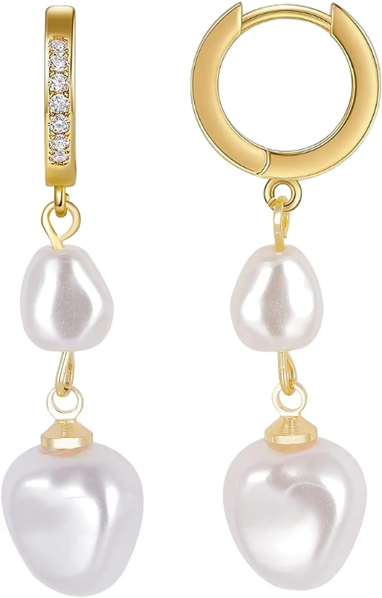 14K Gold Pearl Earrings for Women - Dangle Drop Earrings With Double Pearl, 12mm Helix Huggie Hoop Pack Ear Loops