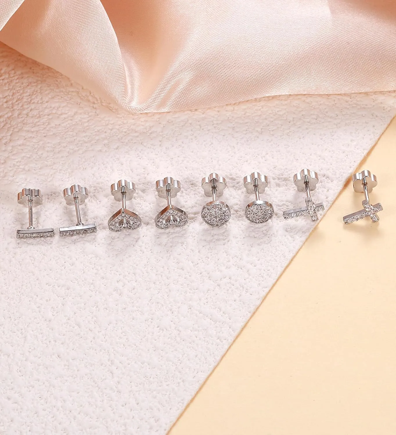 14K Gold Plated Small Stud Earrings for Girls Women Hypoallergenic Surgical Steel Cartilage Flat Back Stud Earrings Silver CZ Cross Handmade Screw Back Earrings Studs