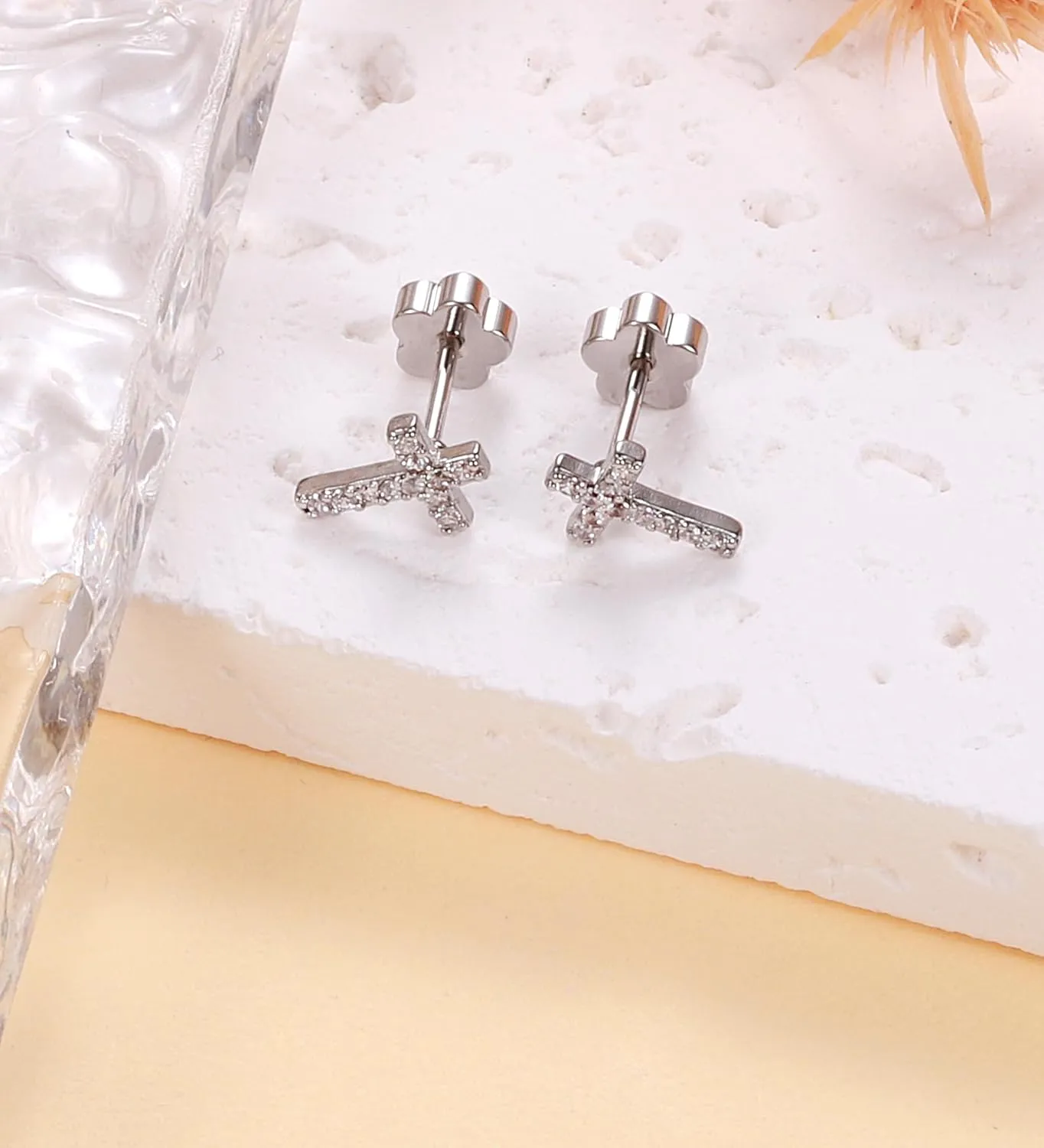 14K Gold Plated Small Stud Earrings for Girls Women Hypoallergenic Surgical Steel Cartilage Flat Back Stud Earrings Silver CZ Cross Handmade Screw Back Earrings Studs