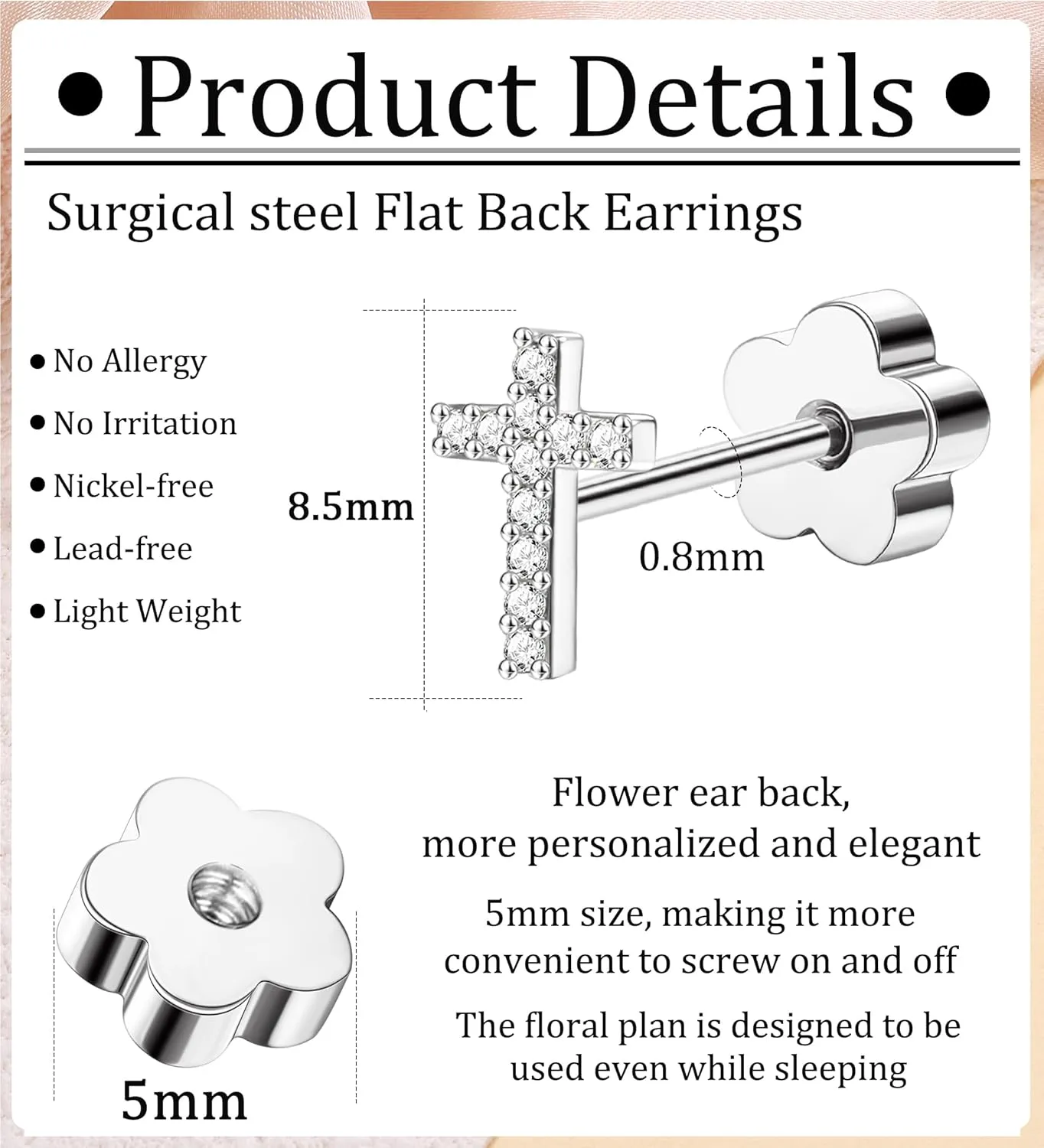 14K Gold Plated Small Stud Earrings for Girls Women Hypoallergenic Surgical Steel Cartilage Flat Back Stud Earrings Silver CZ Cross Handmade Screw Back Earrings Studs