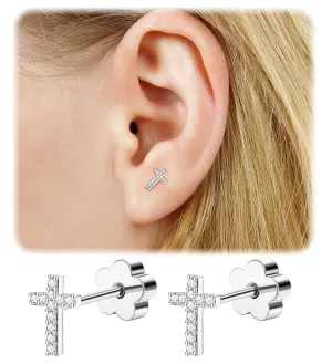 14K Gold Plated Small Stud Earrings for Girls Women Hypoallergenic Surgical Steel Cartilage Flat Back Stud Earrings Silver CZ Cross Handmade Screw Back Earrings Studs