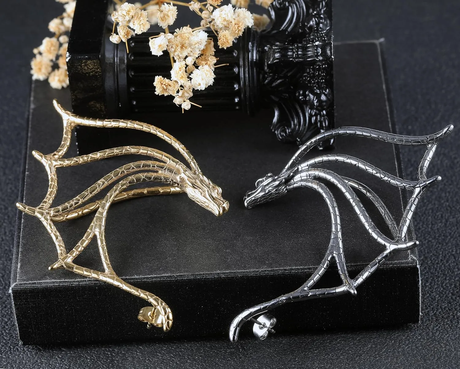 1PCS Gothic Dragon Ear Cuff Stainless Steel Retro Dragon Earrings Punk Snake Dragon Fish Crocodile Cuff Wrap Earrings Cartilage Climber Ear Earrings Stud for Women Men, Gold/Silver/Black