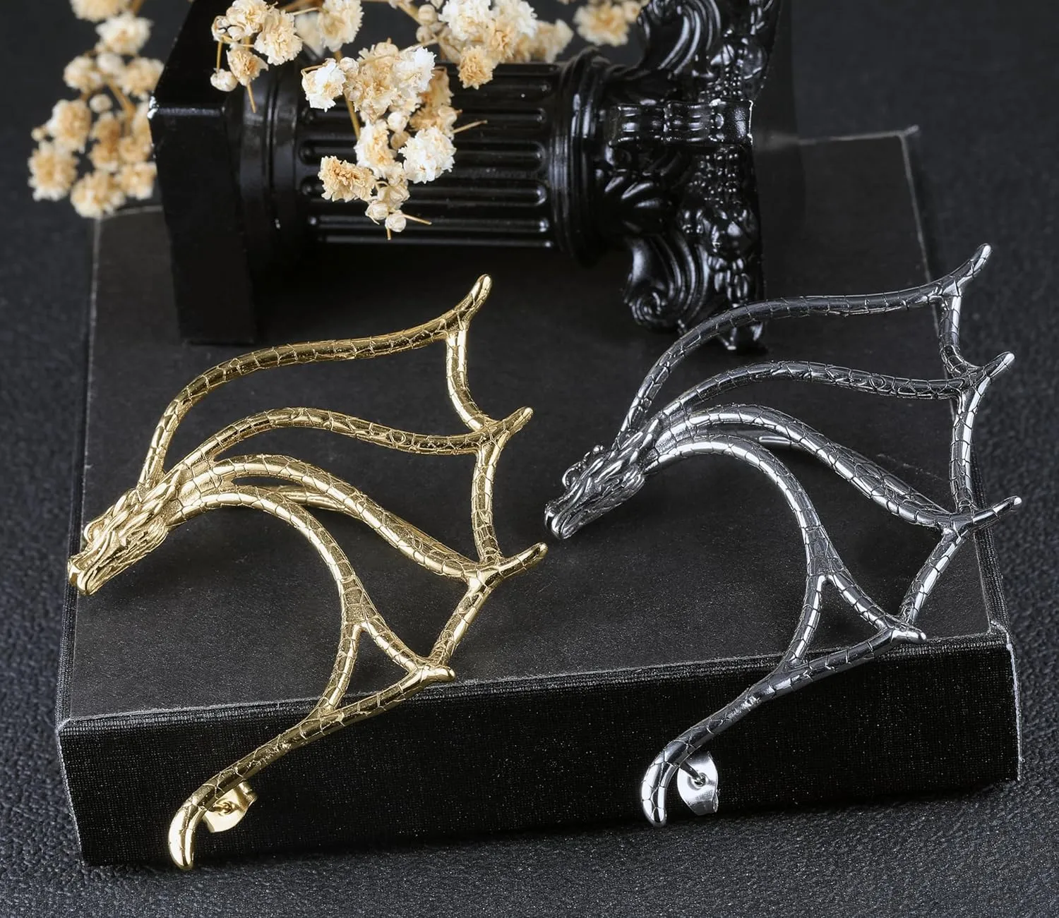 1PCS Gothic Dragon Ear Cuff Stainless Steel Retro Dragon Earrings Punk Snake Dragon Fish Crocodile Cuff Wrap Earrings Cartilage Climber Ear Earrings Stud for Women Men, Gold/Silver/Black