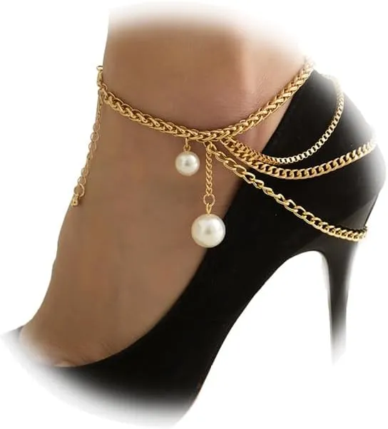1Pcs Metal Mulit-layered Tassel Anklet High Heel Decor Ankle Chain Pearl Foot Chain Summer Pearl Foot Bracket Chain High Heel Accessories for Women