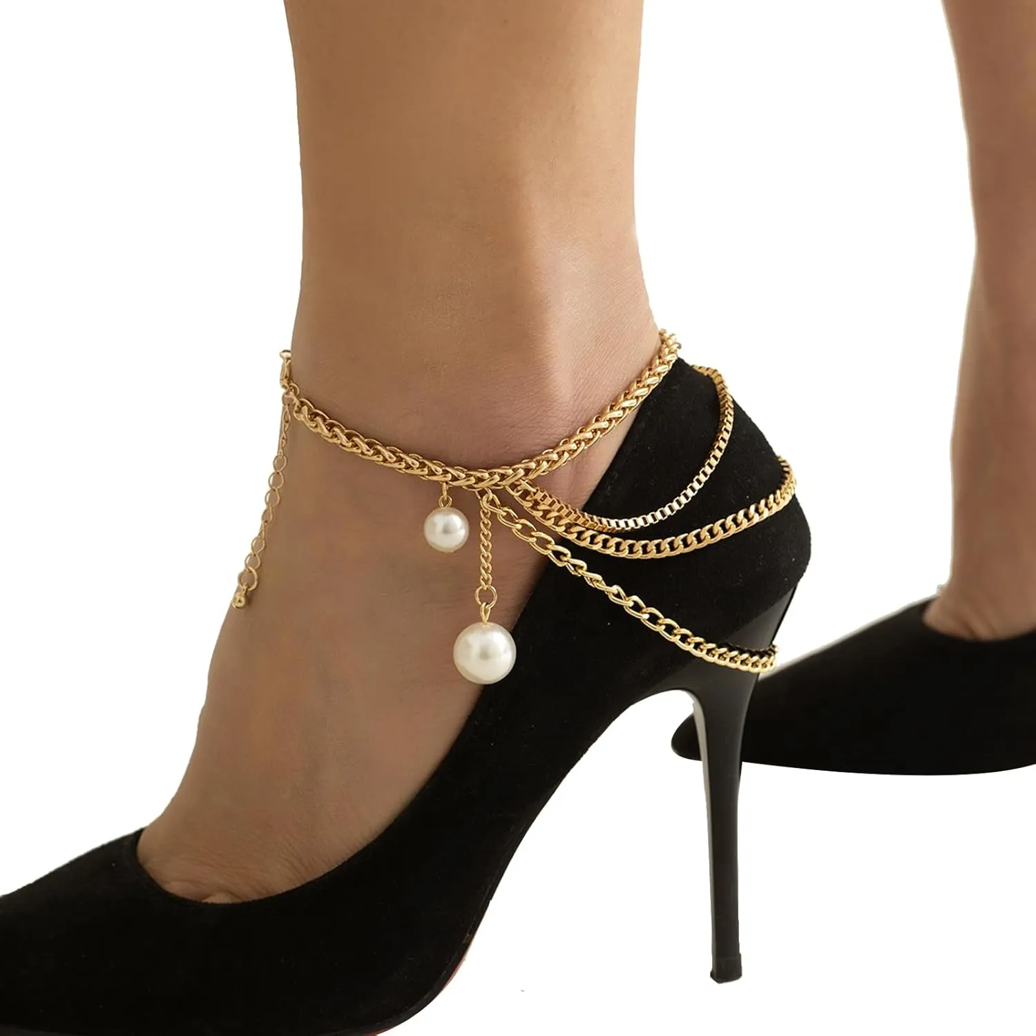 1Pcs Metal Mulit-layered Tassel Anklet High Heel Decor Ankle Chain Pearl Foot Chain Summer Pearl Foot Bracket Chain High Heel Accessories for Women