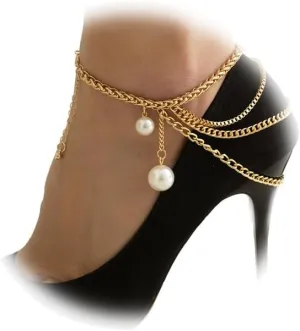 1Pcs Metal Mulit-layered Tassel Anklet High Heel Decor Ankle Chain Pearl Foot Chain Summer Pearl Foot Bracket Chain High Heel Accessories for Women