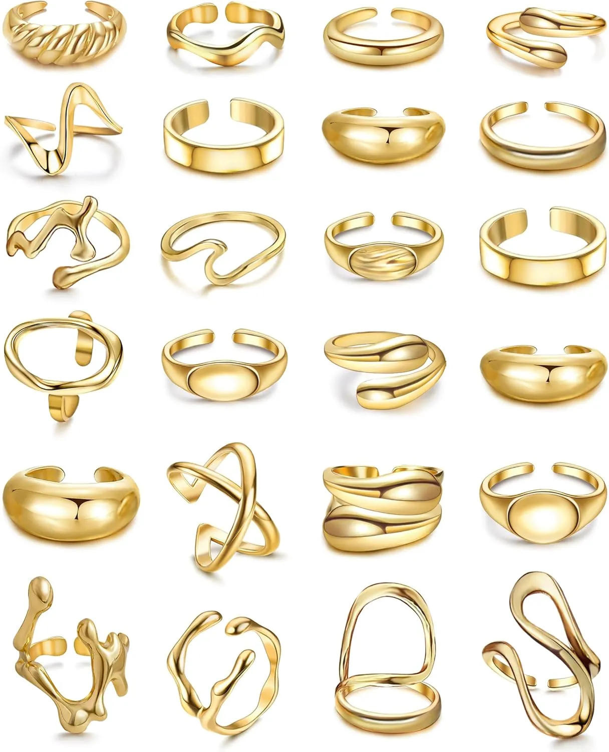 24 Pcs Gold Chunky Rings for Women Stackable Knuckle Rings Gold Plated Braided Twisted Round Signet Rings Adjustable Open Ring Band Statement Jewelry