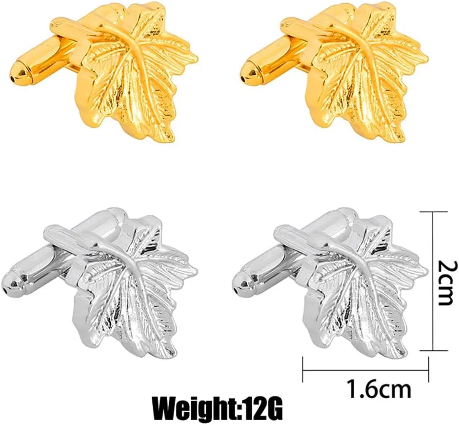 2Pcs Maple Leaf Cufflinks Fashion Mens Cuff Links Metal Cufflinks French Shirt Accessories Costumes Jewelry for Wedding Bussiness Anniversary (Gold)