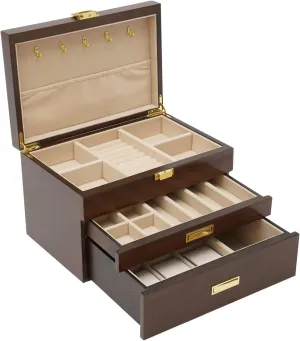 3 Layers Wooden Jewelry Box For Women, Vintage Style Jewelry Necklace Storage Organizer With Combo Lock, 2 Drawers Cabinet Jewelry Boxes for Storage Earrings Rings Bracelet (3 Layer Black Walnut)
