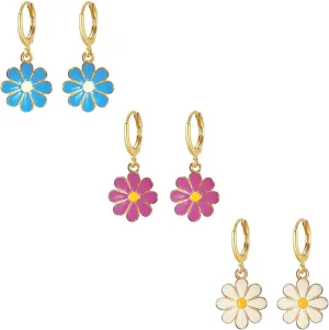 3 Pairs Daisy Huggie Hoop Earrings for Women Flower Dangle Drop Earrings Hypoallergenic Cute Sunflower Jewelry Gifts White Hot Pink Blue