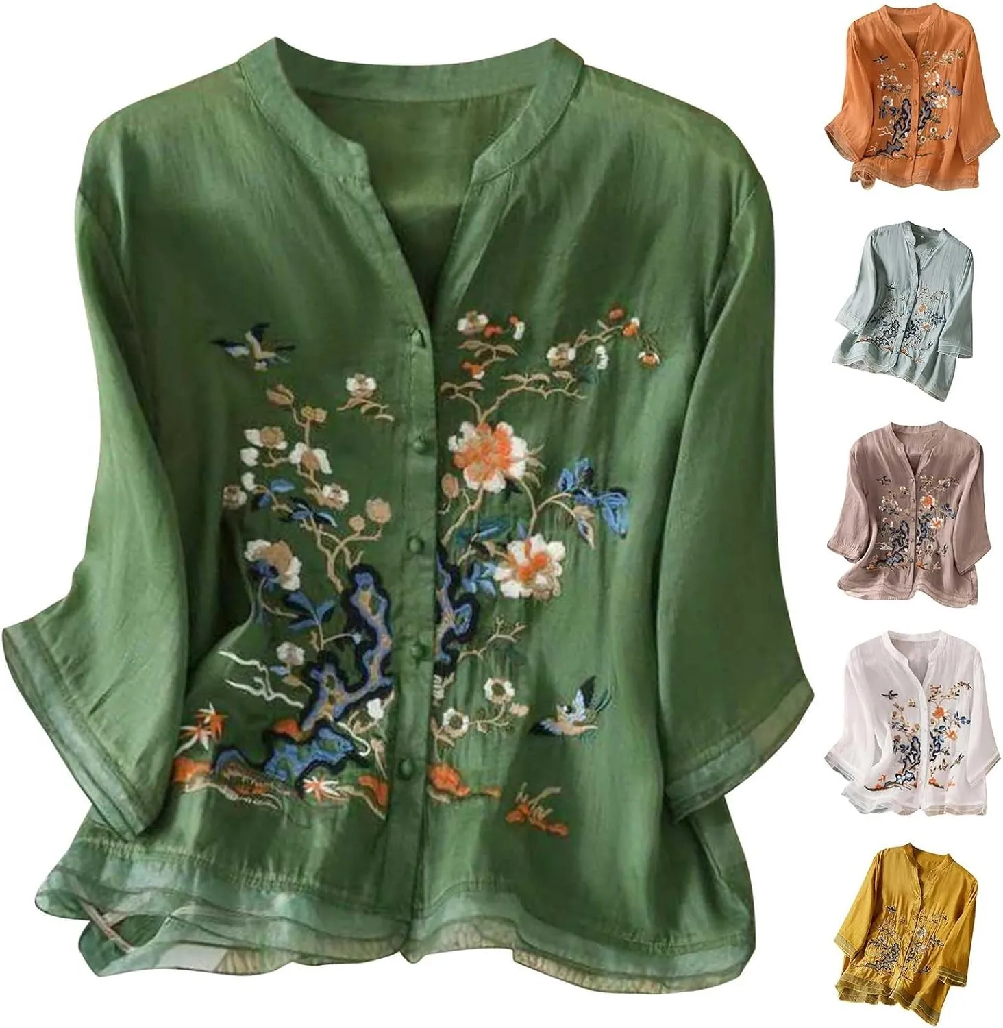 3/4 Sleeve Linen Shirts for Women Cotton Summer Retro Embroidered Boho Tops Dressy Casual Trendy Vacation Blouse