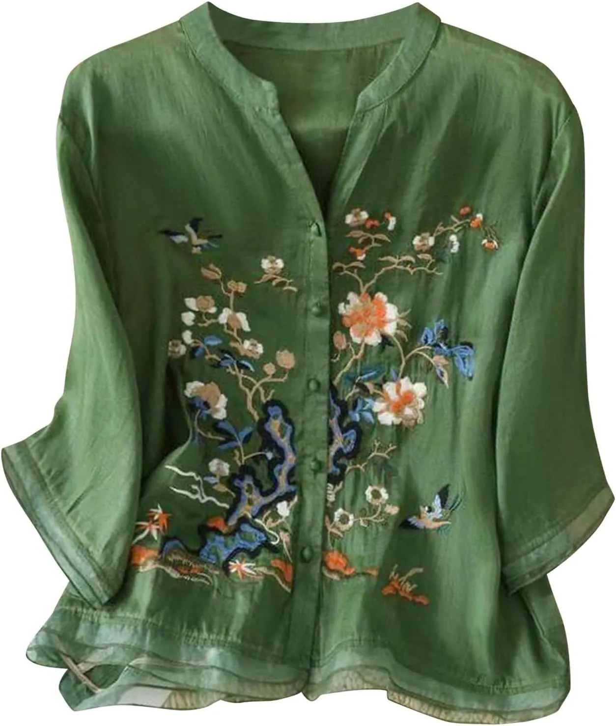 3/4 Sleeve Linen Shirts for Women Cotton Summer Retro Embroidered Boho Tops Dressy Casual Trendy Vacation Blouse