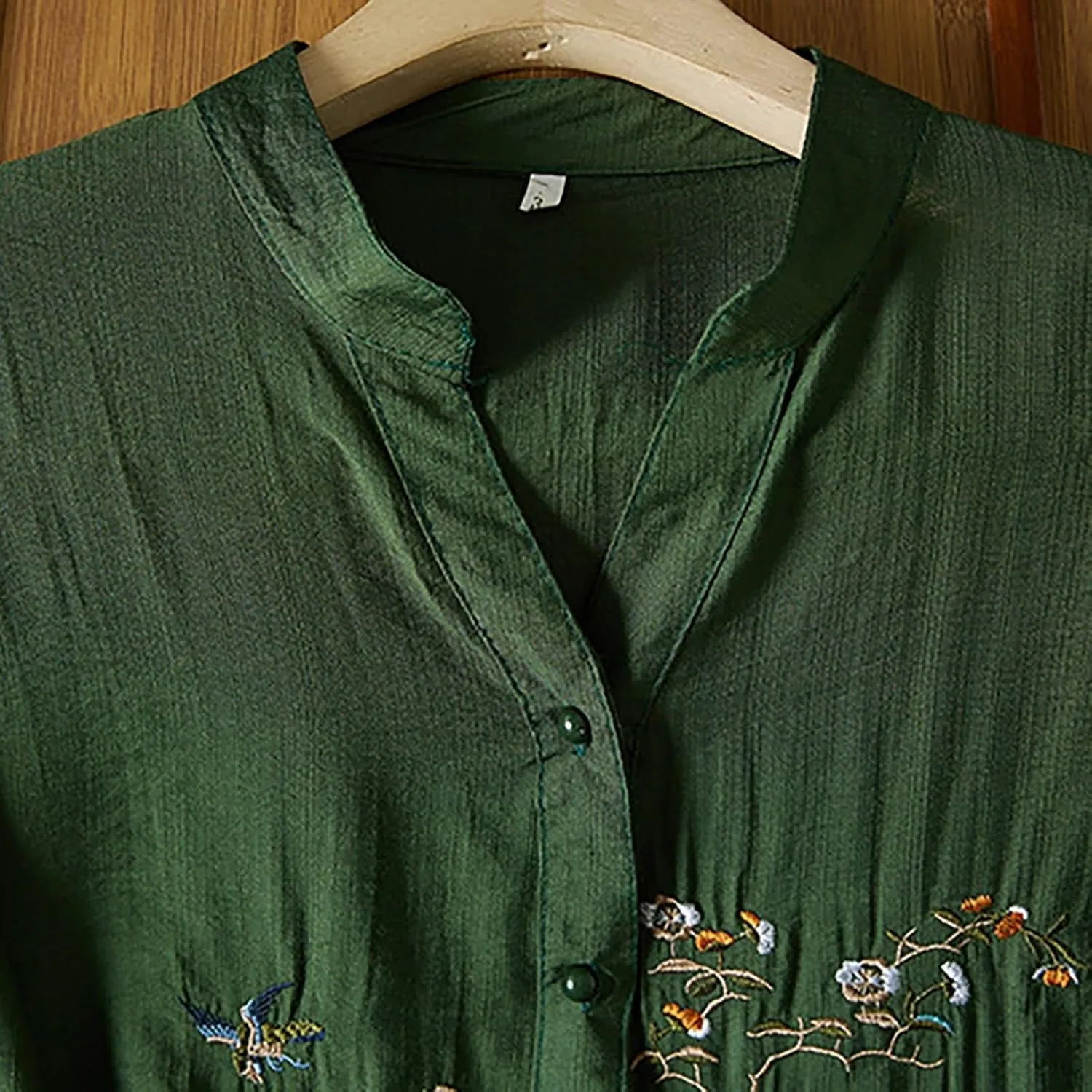 3/4 Sleeve Linen Shirts for Women Cotton Summer Retro Embroidered Boho Tops Dressy Casual Trendy Vacation Blouse