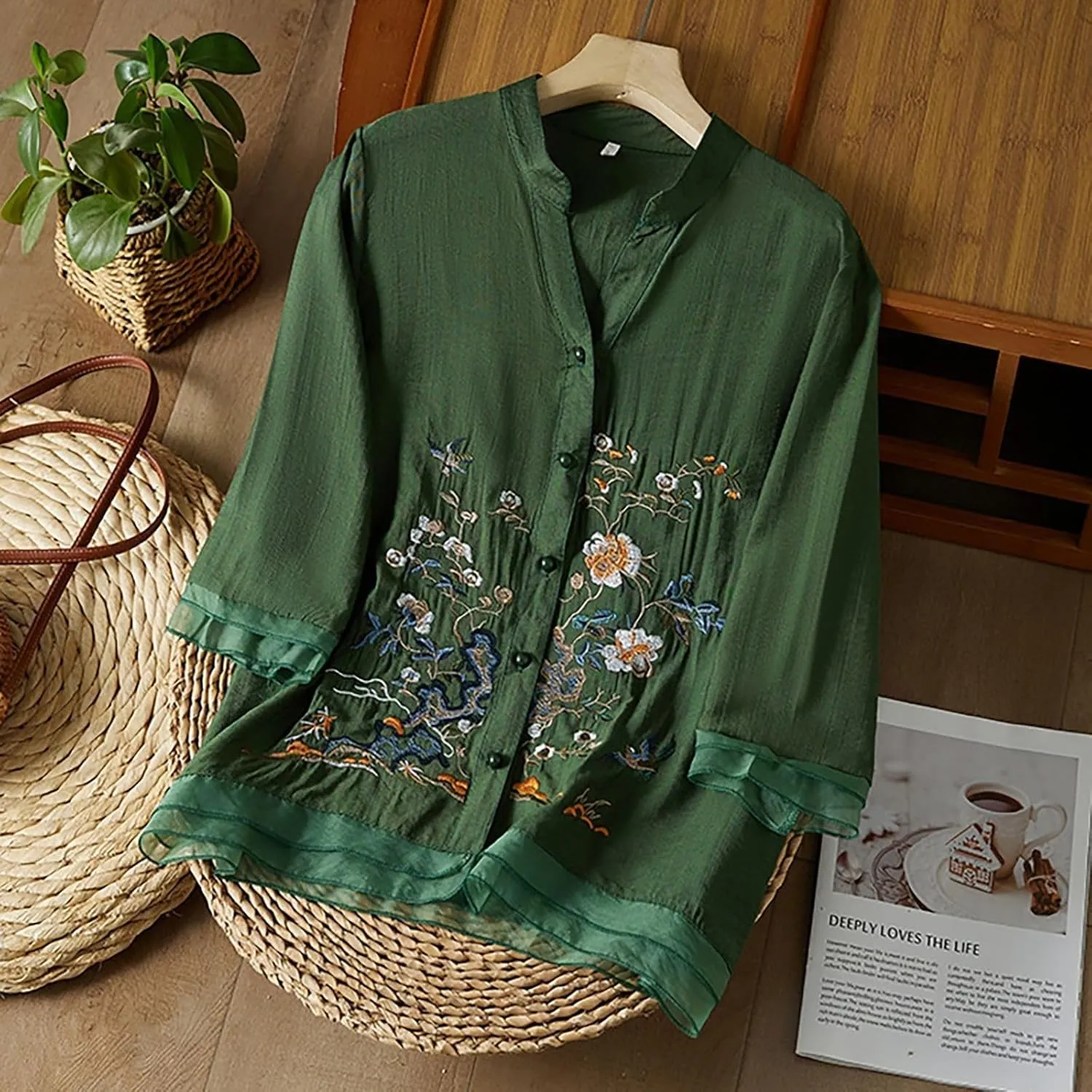 3/4 Sleeve Linen Shirts for Women Cotton Summer Retro Embroidered Boho Tops Dressy Casual Trendy Vacation Blouse