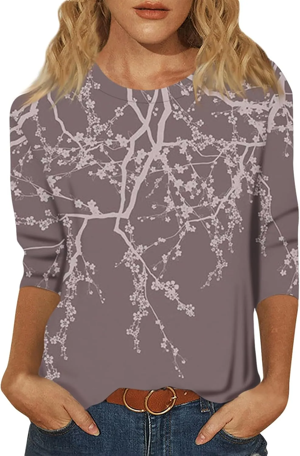 3/4 Sleeve Womens Tops Floral Print Loose Fit Blouse Plus Size Casual Tunic Tops Soft Stretch for Summer Beach & Office