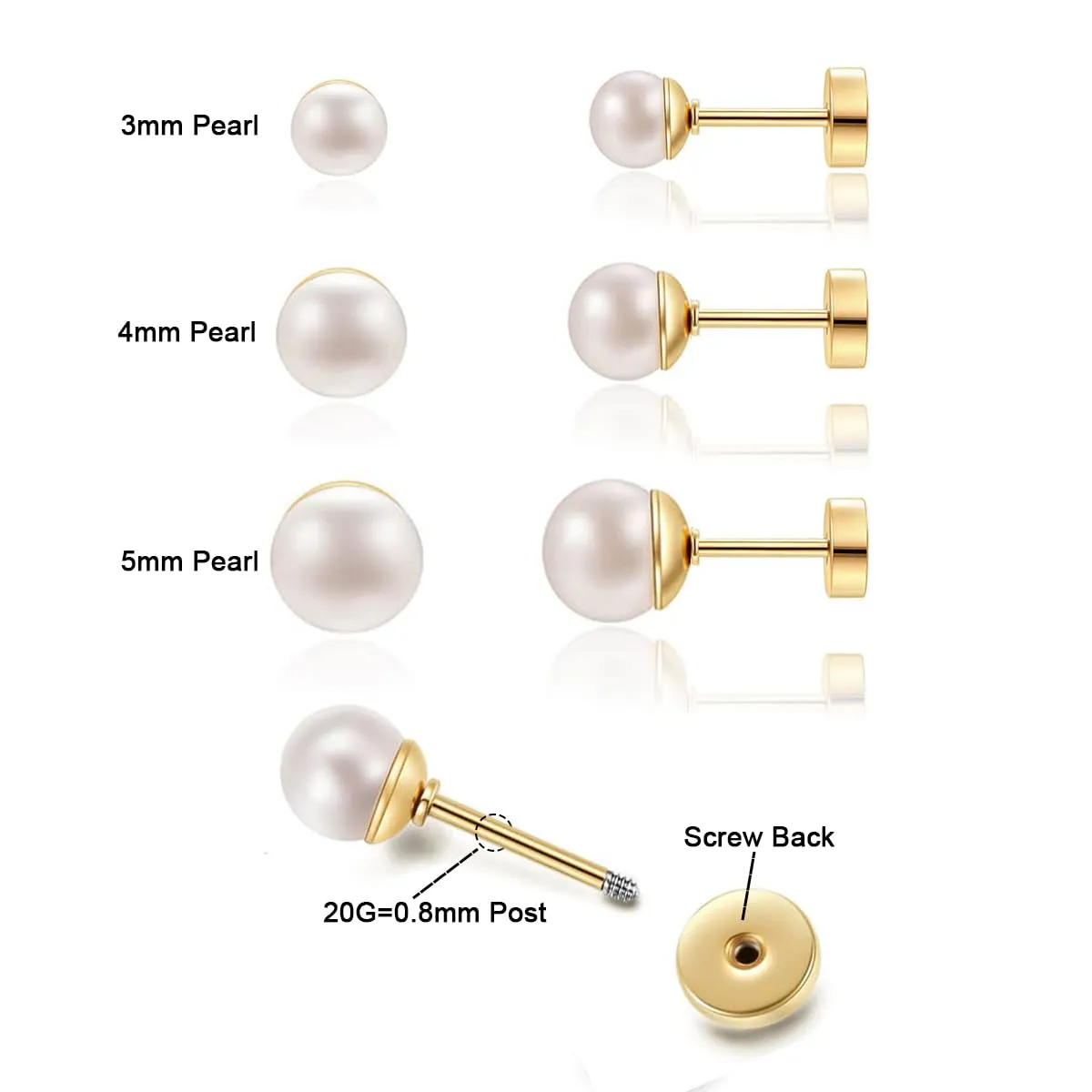 3Pairs Flat Back Dainty Pearl Earrings for Women - 14K Gold Hypoallergenic Cartilage Earring 3/4/5mm Faux Pearl Stud Earrings Screw Back Gold Stud Earrings for Women, Suitable Gifts for Women