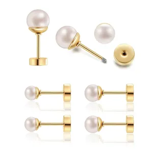 3Pairs Flat Back Dainty Pearl Earrings for Women - 14K Gold Hypoallergenic Cartilage Earring 3/4/5mm Faux Pearl Stud Earrings Screw Back Gold Stud Earrings for Women, Suitable Gifts for Women