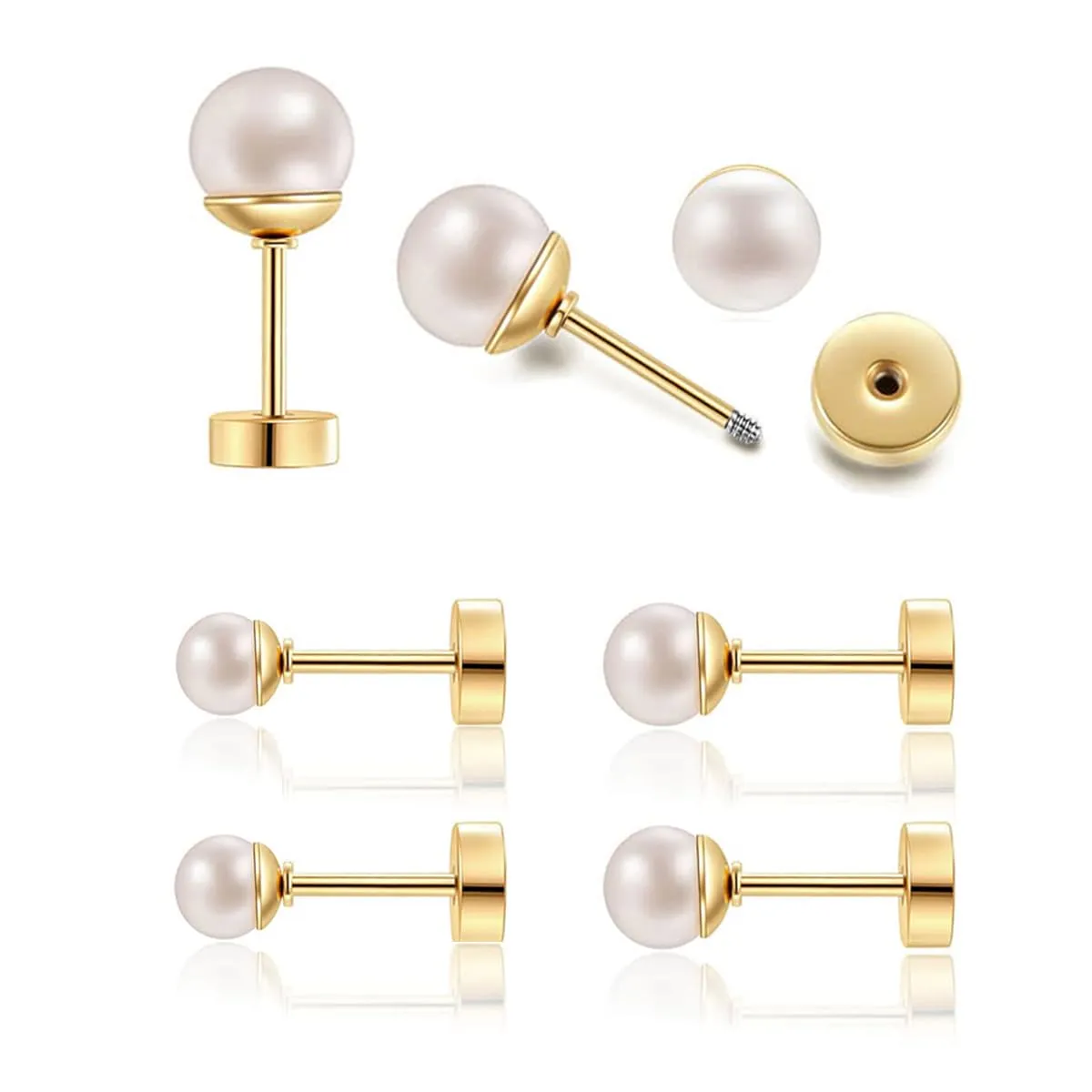3Pairs Flat Back Dainty Pearl Earrings for Women - 14K Gold Hypoallergenic Cartilage Earring 3/4/5mm Faux Pearl Stud Earrings Screw Back Gold Stud Earrings for Women, Suitable Gifts for Women