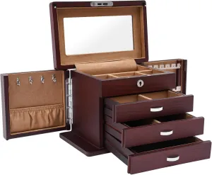 4-Layer Wooden Jewelry Box, Large-Capacity Desktop Organizer with Drawers, Side Doors, Key, and Mirror  Jewelry Cabinet for Rings, Earrings, Necklaces, and Watches for Women and Girls