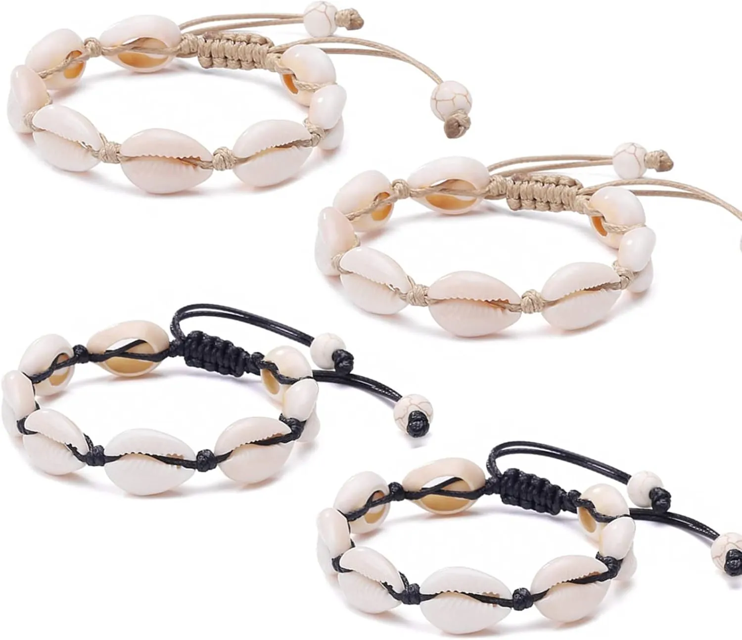 4 Pack Adjustable Shell Bracelets Anklets Set Natural Cowrie Shell Beads Puka Seashells Ankle Jewelry for Men Women Valentine's Day Gifts