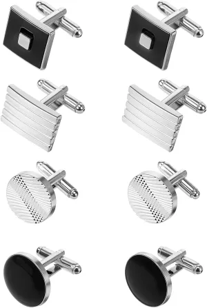 4 Pairs Cufflinks for Men Classic Tone Cuff Links Fashion Men Cufflinks Silver Black Striped Disc Square Rectangle Cuff Links for Business Wedding Party Gift Box