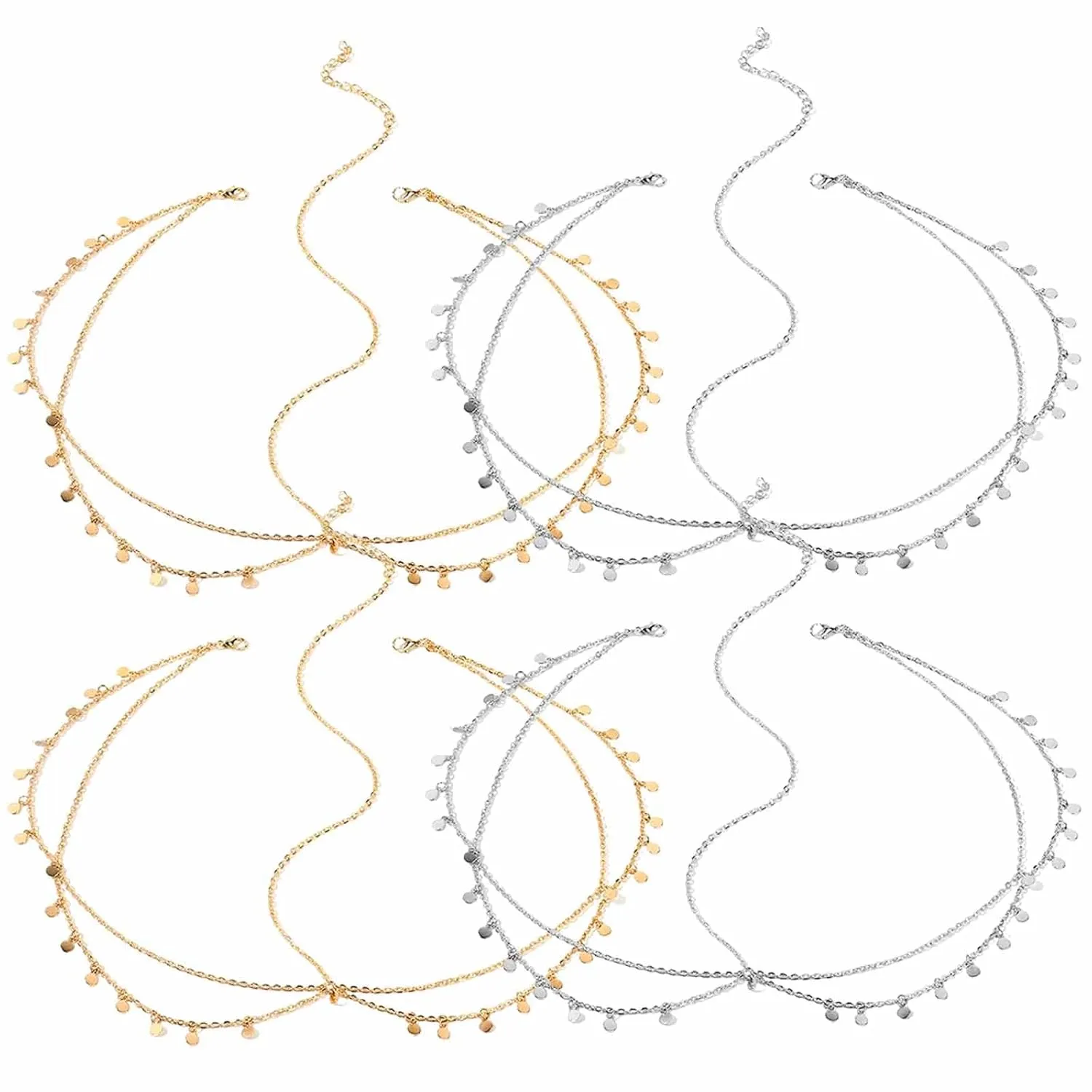 4 PCS Boho Sequins Head Chain Fashion Anti-slip Hair Chain Prom Headpiece Retro Bridal Layered Hair Jewelry Wedding Headband Elegant Festival Costume Head Accessories for Women Girls (Gold, Silver