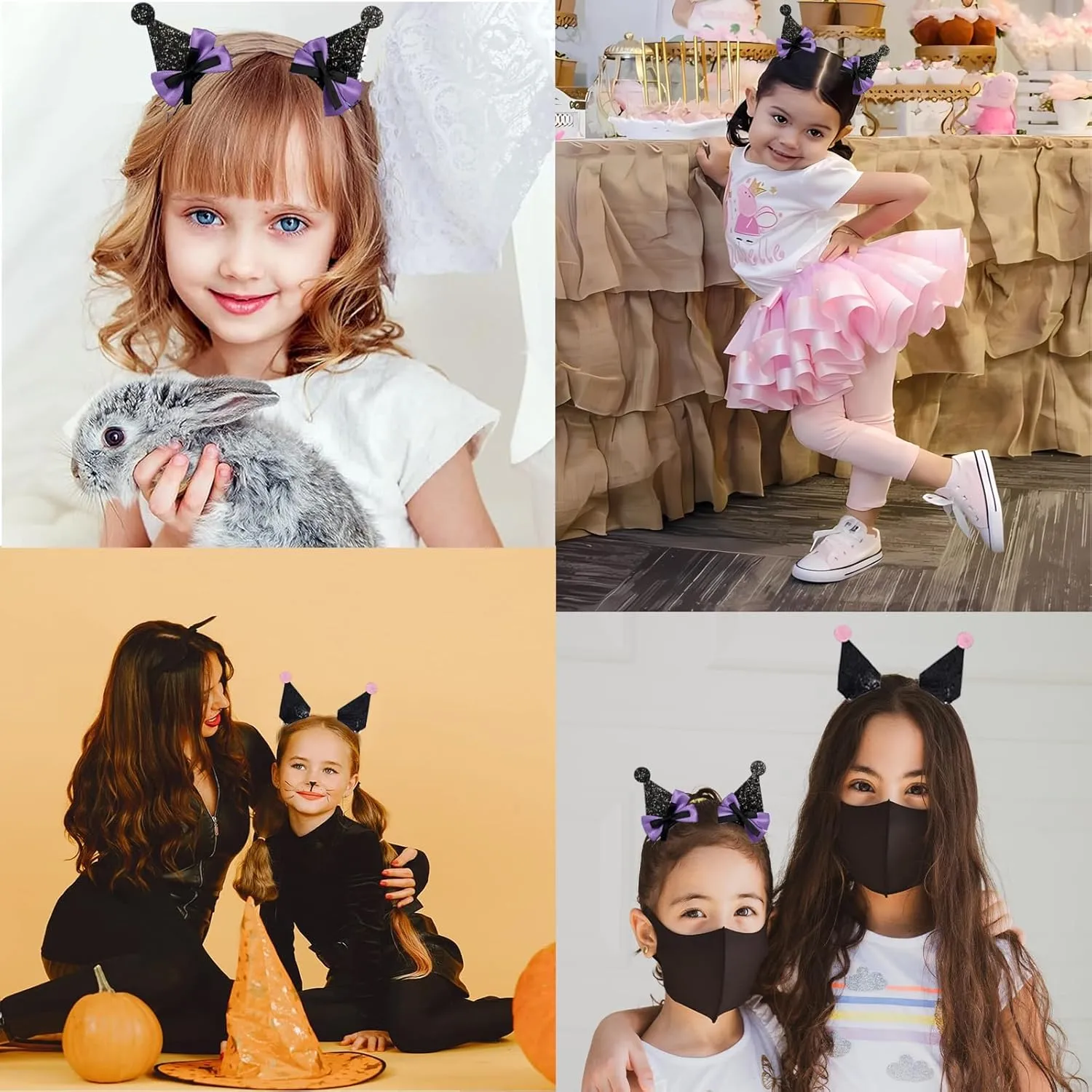 4pcs Cute Hairpin Birthday Decorations, Glitter Bows Ears Hair Clips Party Supplies for Kid, Boys and Girls Halloween Costume Accessories Animal Cosplay