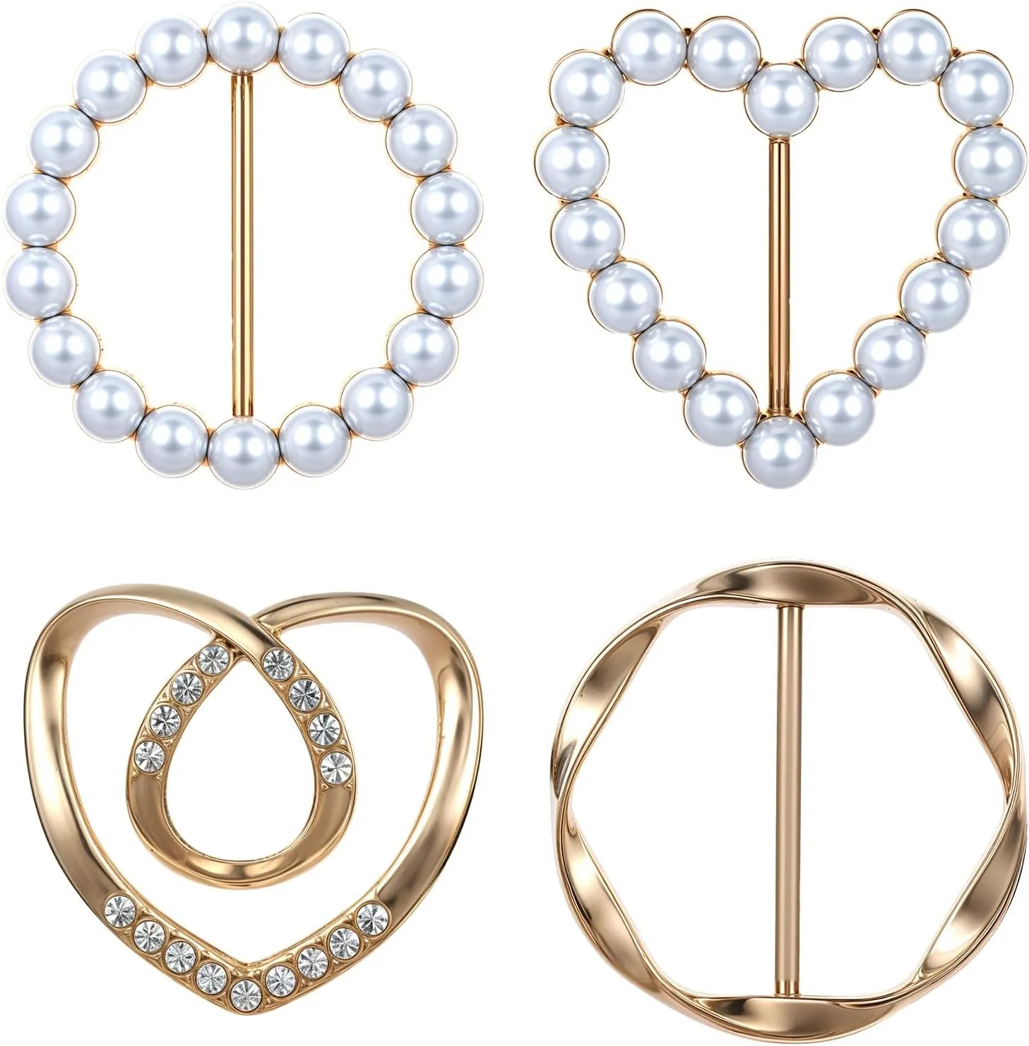 4Pcs Scarf Ring Clip Rhinestone Pearl Tshirt Ties Clips for the Side Metal Waist Shirt Cincher Clip Round/Circle Heart Scarf Buckle Tightener for Loose Tshirt Clothes