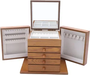 5 Layers Wooden Jewelry Box and Organizer Vintage Large Jewelry Case Holder with 4 Drawers and Mirror Girls Women Jewelry Cabinet for Watches Rings Earrings Necklaces (Light Brown)