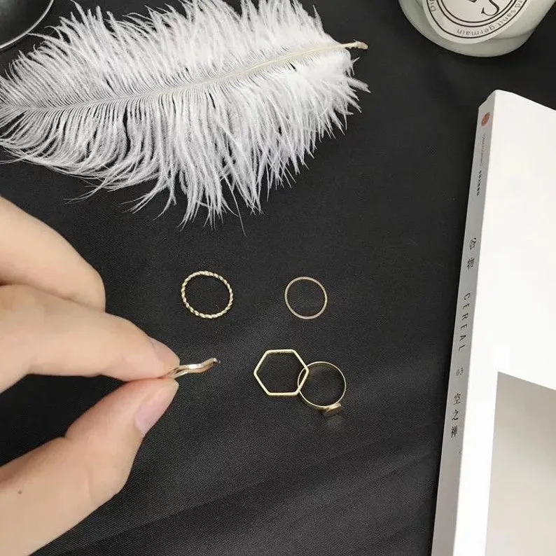 5 Piece Slim Gold Bohemian Vintage Stackable Tribal Beach Ring Set