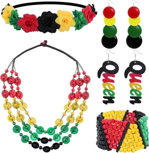 5 Pieces Women's African Jewelry Rasta African Multicolor Beaded Stretchy Bracelet Kwanzaa Wooden Queen Dangle Earrings Jewelry Flower Crown Bohemian Coconut Shell Necklace