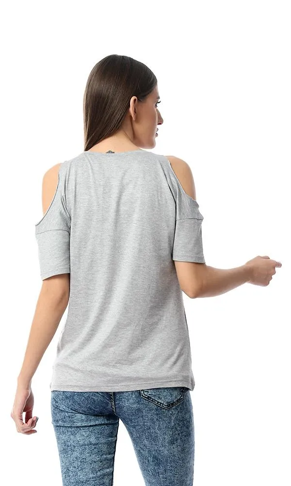 53430 Cold Shoulders With Stitched Patch Heather Grey T-Shirt