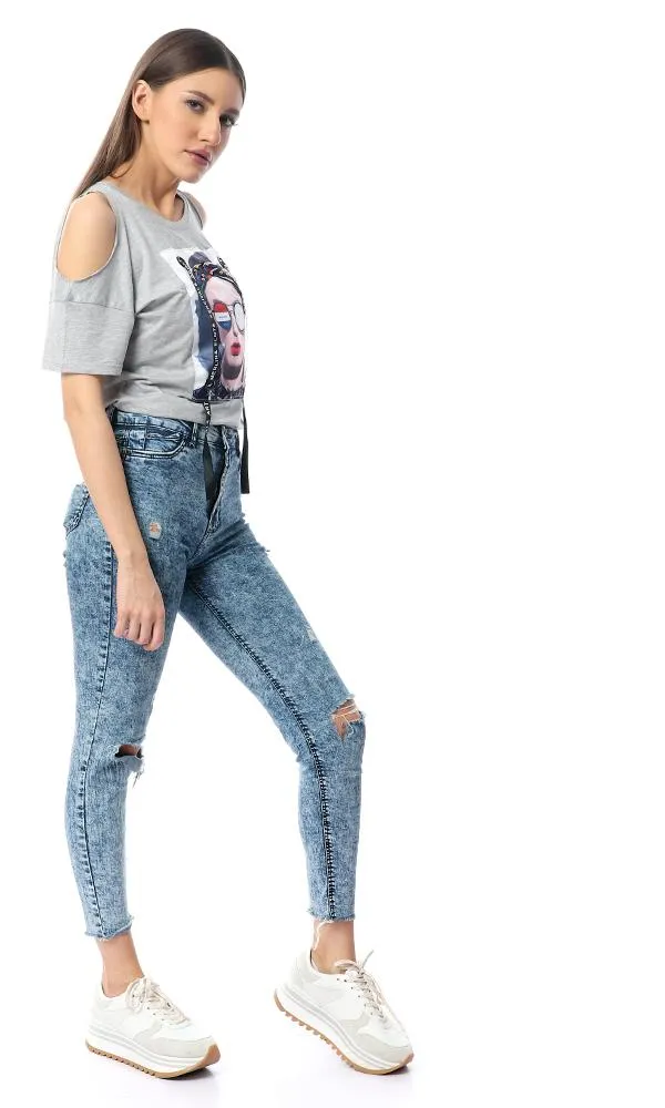 53430 Cold Shoulders With Stitched Patch Heather Grey T-Shirt