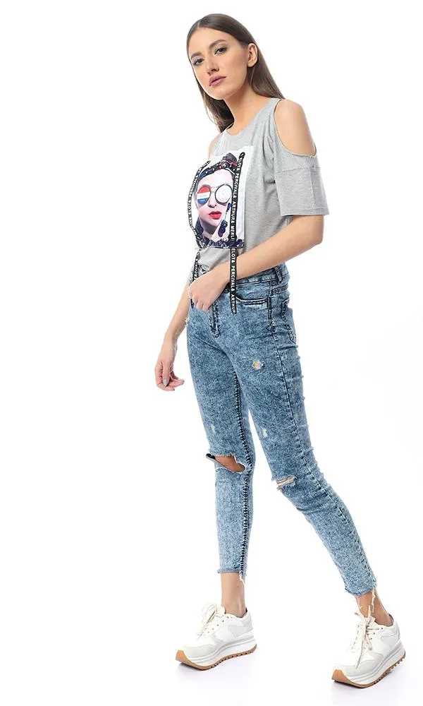 53430 Cold Shoulders With Stitched Patch Heather Grey T-Shirt