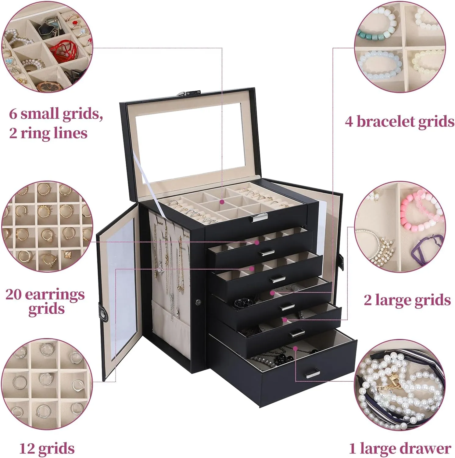 6 Layer Large Jewelry Boxes With MirrorMultifunctional 5 Drawers Jewelry Box Organizer with 2 Glass Door for Necklace Organizing (Black)