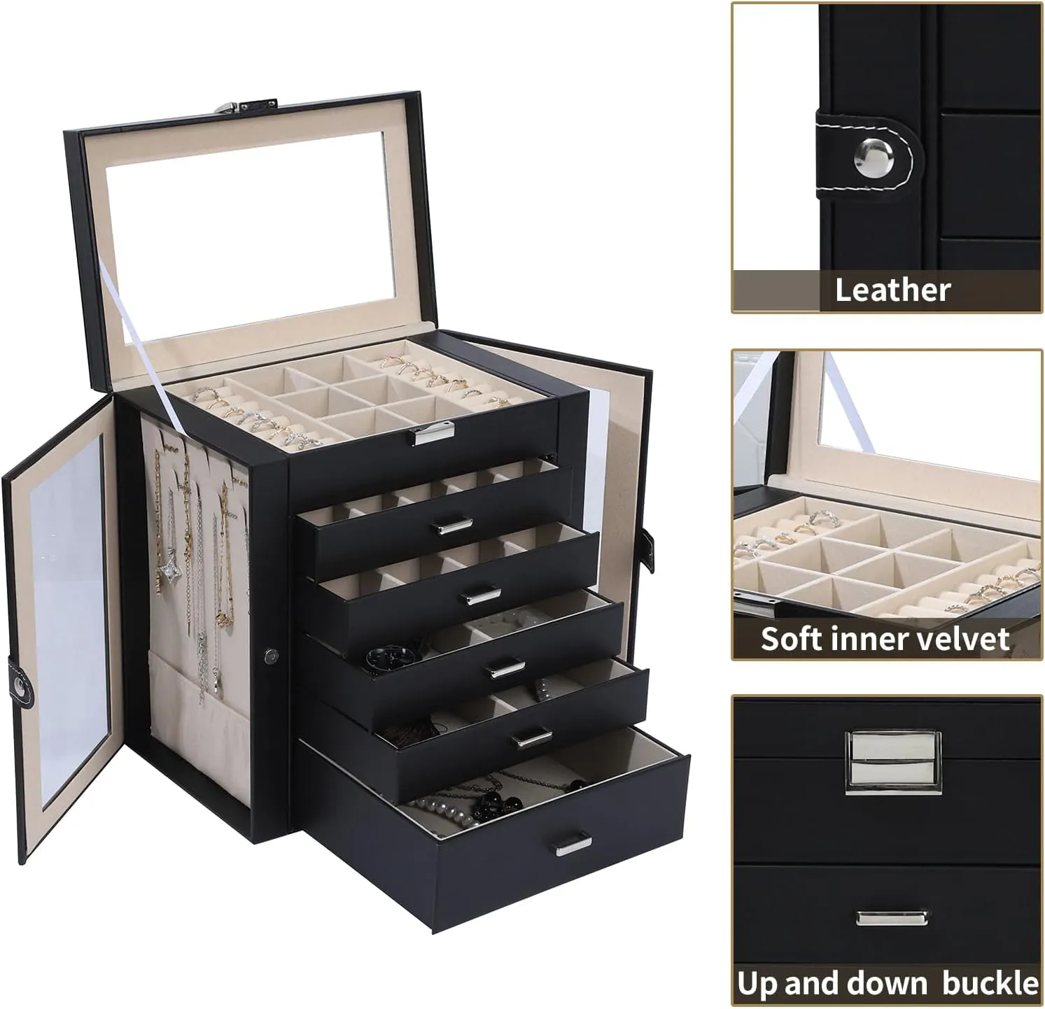 6 Layer Large Jewelry Boxes With MirrorMultifunctional 5 Drawers Jewelry Box Organizer with 2 Glass Door for Necklace Organizing (Black)
