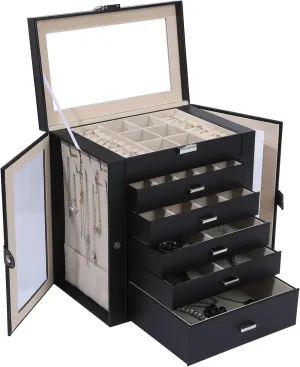 6 Layer Large Jewelry Boxes With MirrorMultifunctional 5 Drawers Jewelry Box Organizer with 2 Glass Door for Necklace Organizing (Black)