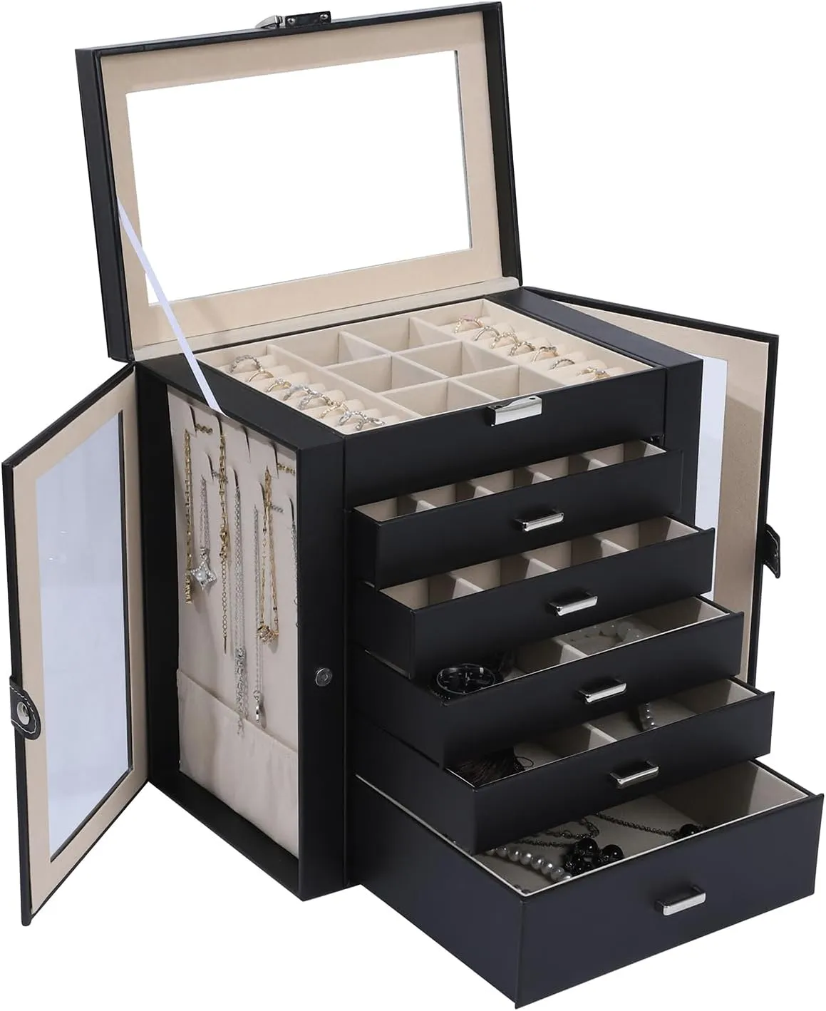6 Layer Large Jewelry Boxes With MirrorMultifunctional 5 Drawers Jewelry Box Organizer with 2 Glass Door for Necklace Organizing (Black)