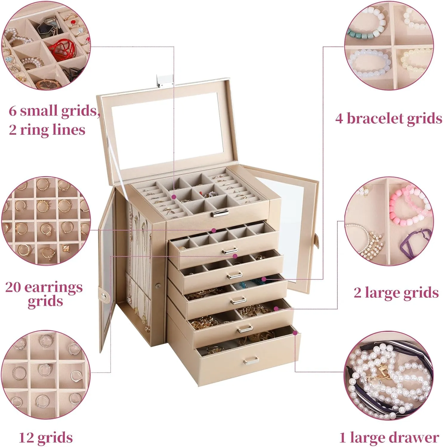 6 Layer Large Jewelry Boxes With MirrorMultifunctional 5 Drawers Jewelry Box Organizer with 2 Glass Door for Necklace Organizing (Champagne)