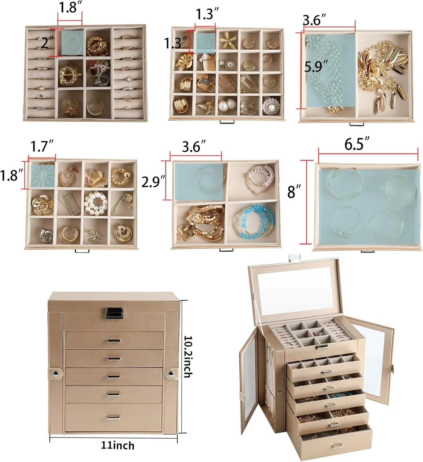 6 Layer Large Jewelry Boxes With MirrorMultifunctional 5 Drawers Jewelry Box Organizer with 2 Glass Door for Necklace Organizing (Champagne)