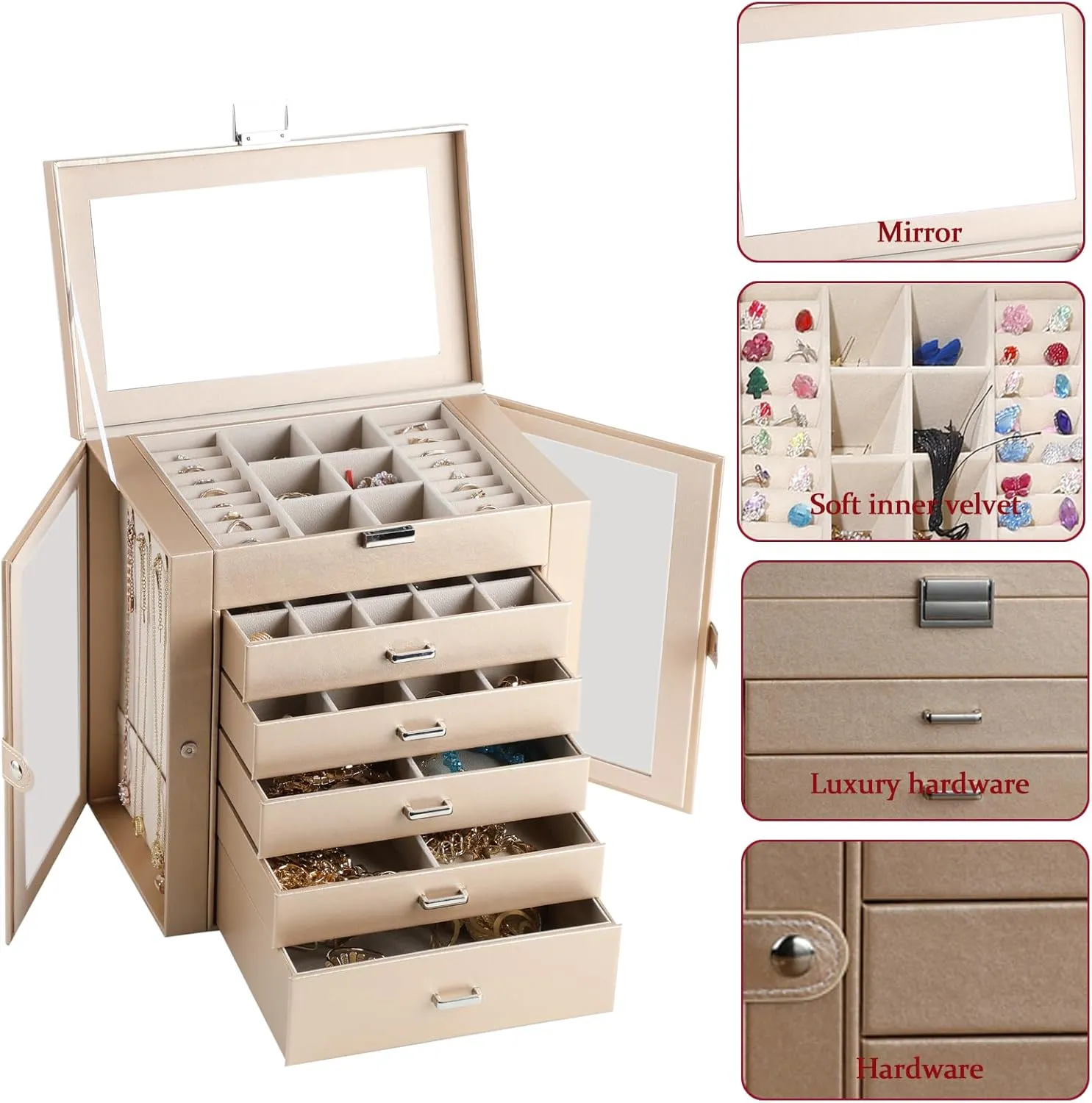 6 Layer Large Jewelry Boxes With MirrorMultifunctional 5 Drawers Jewelry Box Organizer with 2 Glass Door for Necklace Organizing (Champagne)