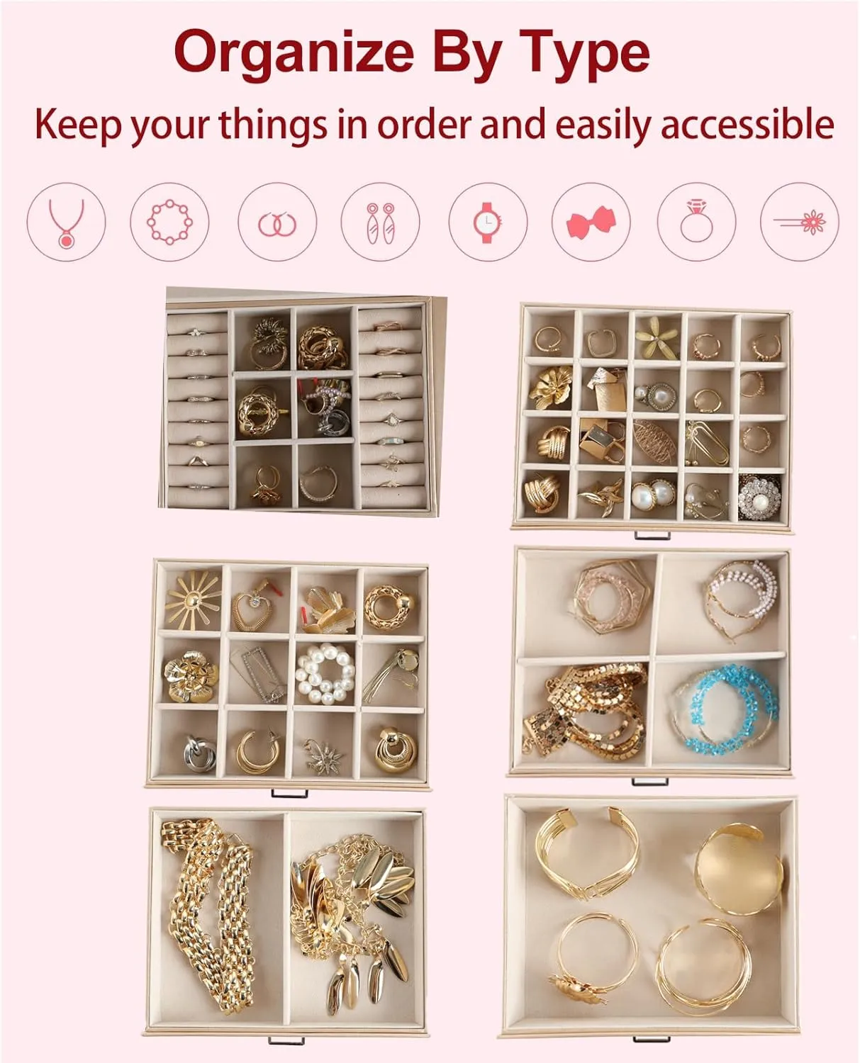 6 Layer Large Jewelry Boxes With MirrorMultifunctional 5 Drawers Jewelry Box Organizer with 2 Glass Door for Necklace Organizing (Champagne)