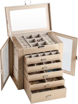 6 Layer Large Jewelry Boxes With MirrorMultifunctional 5 Drawers Jewelry Box Organizer with 2 Glass Door for Necklace Organizing (Champagne)