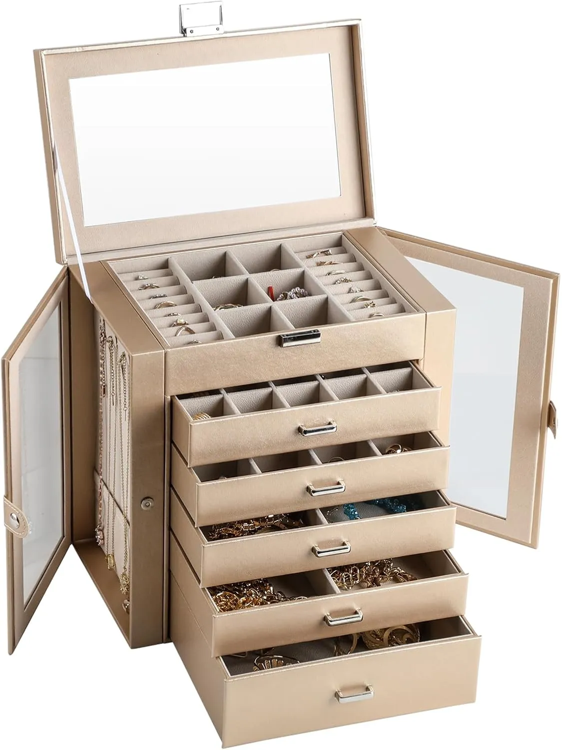 6 Layer Large Jewelry Boxes With MirrorMultifunctional 5 Drawers Jewelry Box Organizer with 2 Glass Door for Necklace Organizing (Champagne)