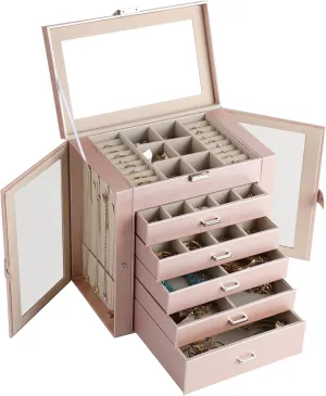 6 Layer Large Jewelry Boxes With MirrorMultifunctional 5 Drawers Jewelry Box Organizer with 2 Glass Door for Necklace Organizing (Rose Gold)